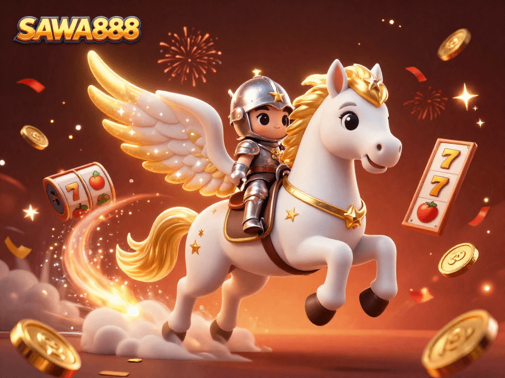 Experience the thrill of SAWA888 slots with a celestial horse and knight amidst stunning casino elements.