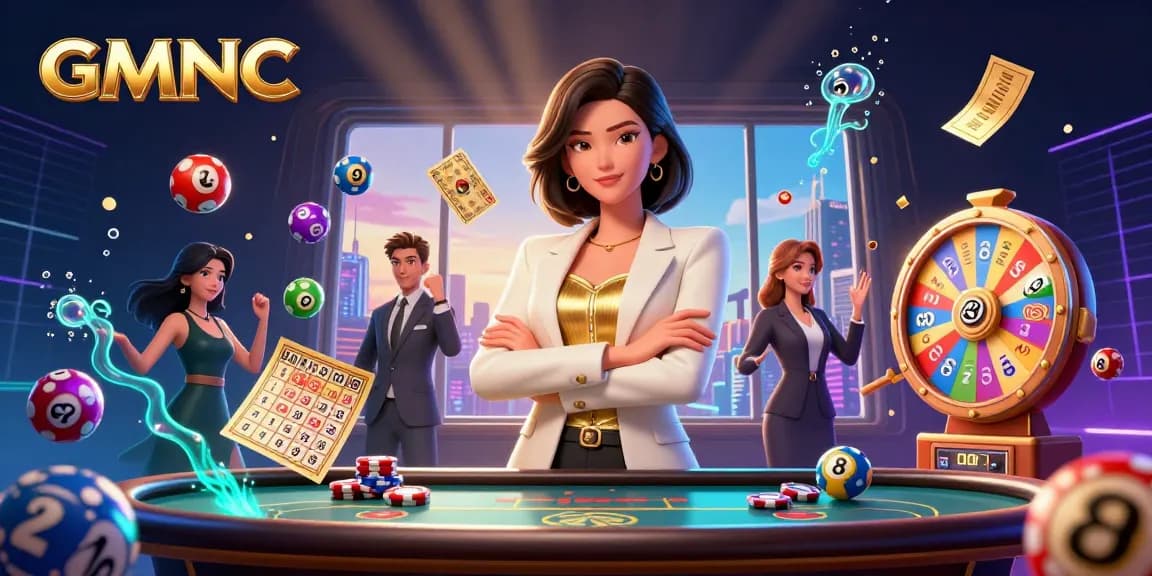 Engage in GMNC gaming excitement with a dynamic illustration of a powerful businesswoman in a glamorous casino.