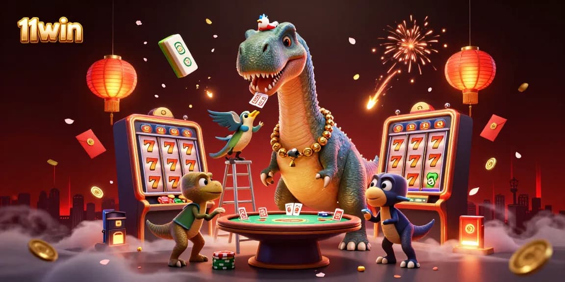 Experience 11WIN's thrilling casino environment with a lively dinosaur poker scene.