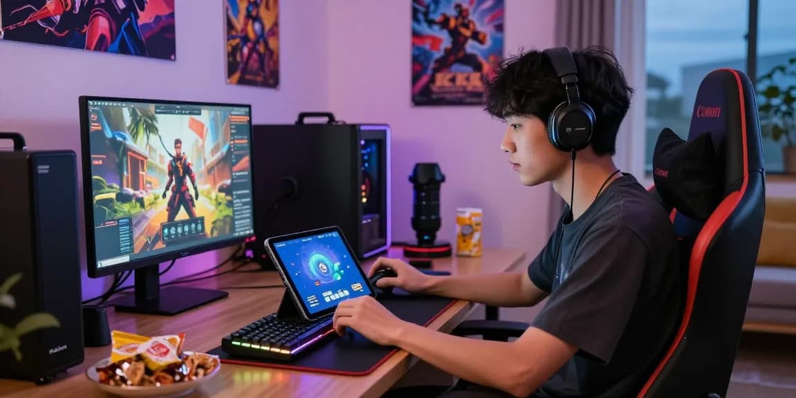Young adult interacting with KO66 app in an energetic gaming setup