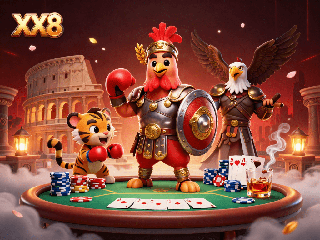 Experience thrilling poker action with XX8 in a vibrant 3D casino illustration.