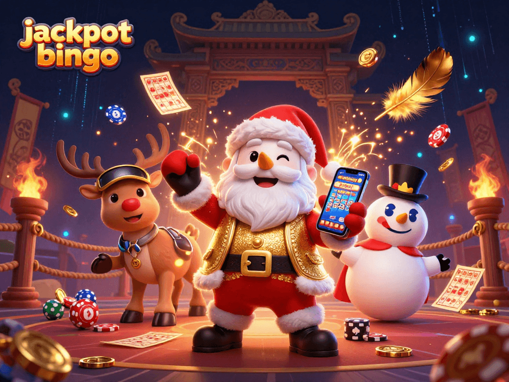 Experience jackpot bingo excitement with Santa, reindeer, and snowman in a vibrant casino scene.