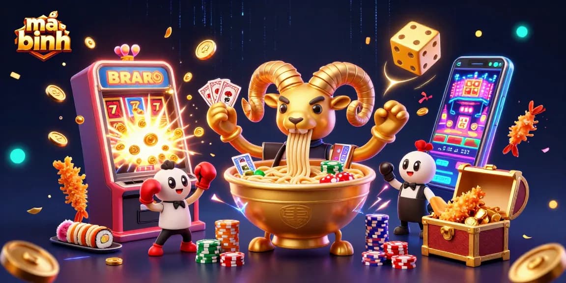 Mậu binh game strategy illustrated with a giant ramen bowl dealer and casino elements bursting with energy.