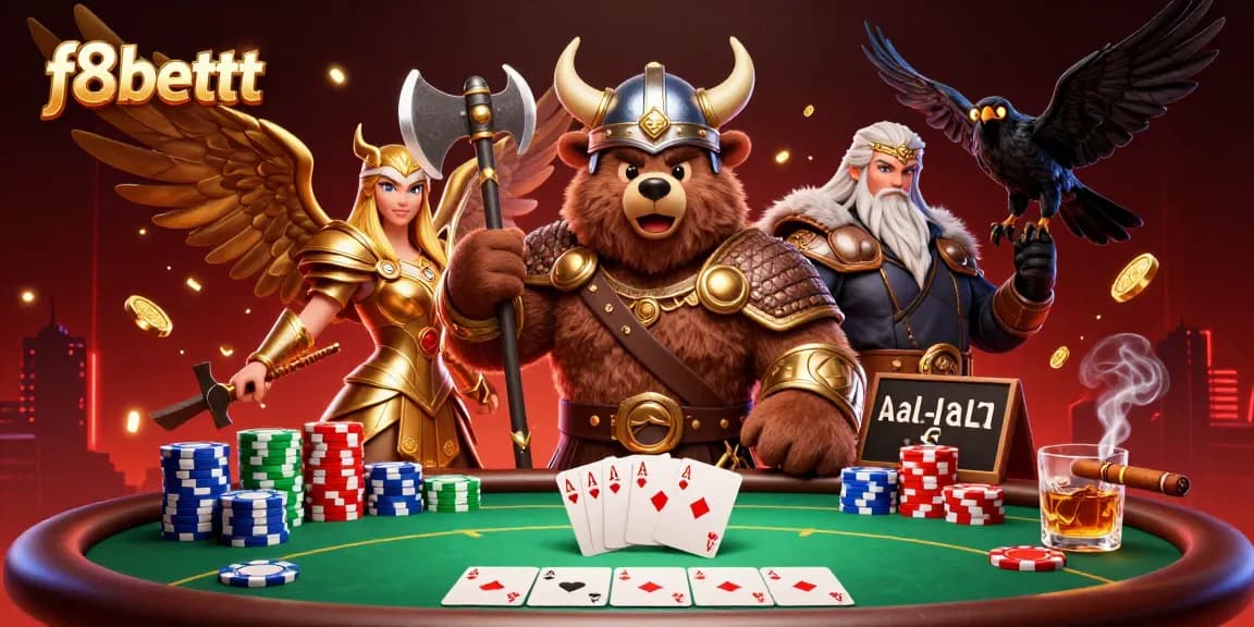 Engage in thrilling poker action with f8bettt's vibrant characters and casino elements.