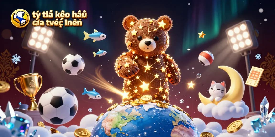 Experience the excitement of tỷ lệ kèo nhà cái trực tuyến in a vibrant 3D scene filled with sports elements and celestial characters.
