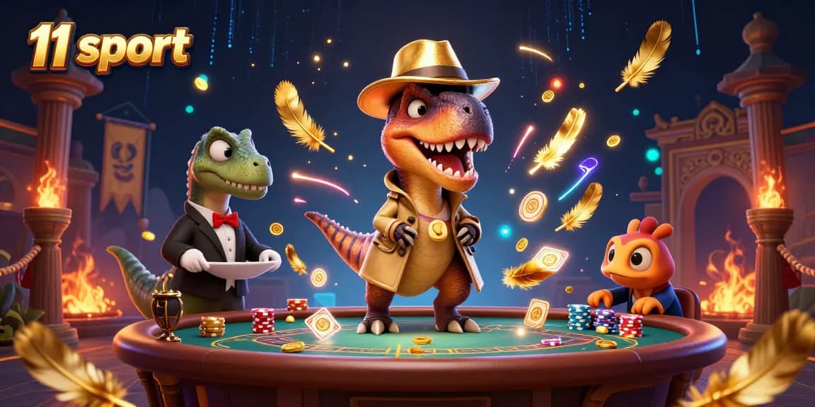 Experience the thrill of 11 sport with a velociraptor gambler at a dynamic blackjack table amidst vibrant casino elements.