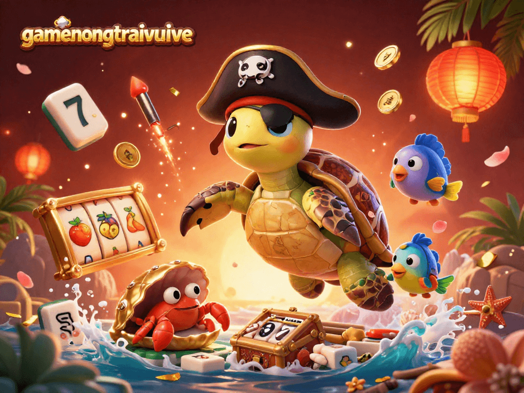 Engage in vibrant casino fun with gamenongtraivuive featuring a lively illustration of a pirate turtle and friends.