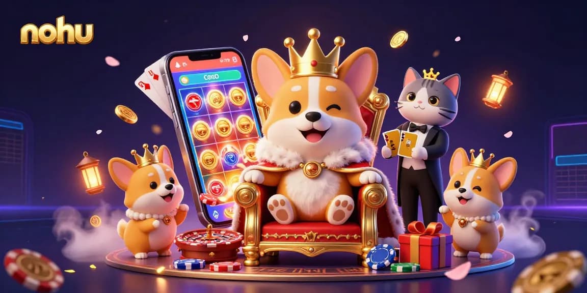 Nohu-themed illustration showcasing a royal corgi on poker chips amid dynamic casino elements.