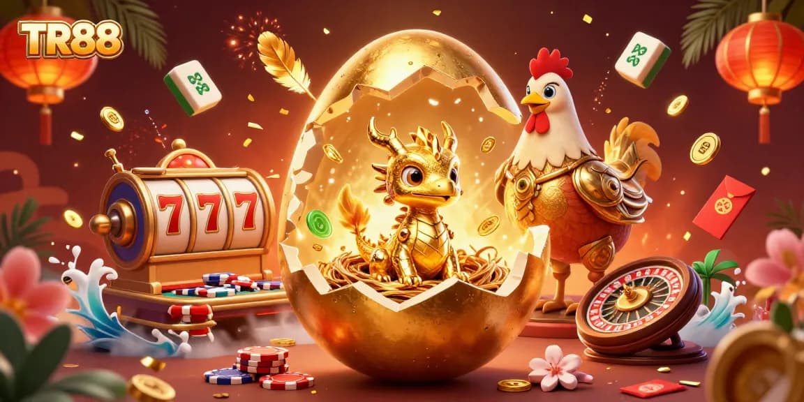 Engage with TR88's thrilling casino experience featuring a dazzling dragon and golden poker chips.