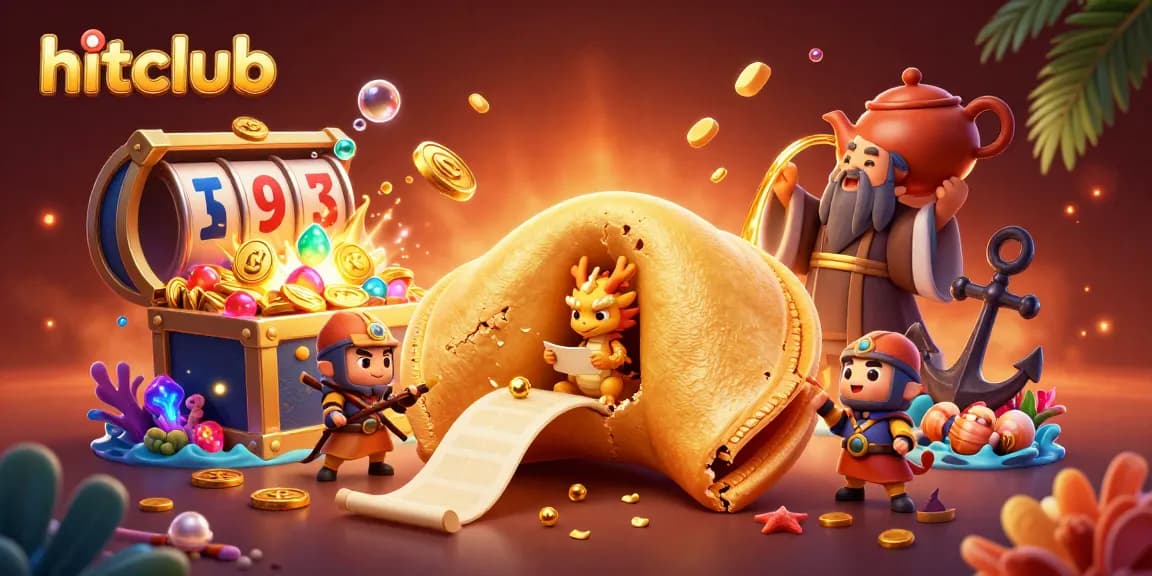 Experience thrilling gameplay at hitclub with a vibrant illustration of golden fortune-themed slots bursting with treasures.