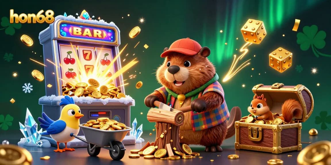 Experience excitement at hon68 as a beaver collects coins under a jackpot tree in a vivid casino world.