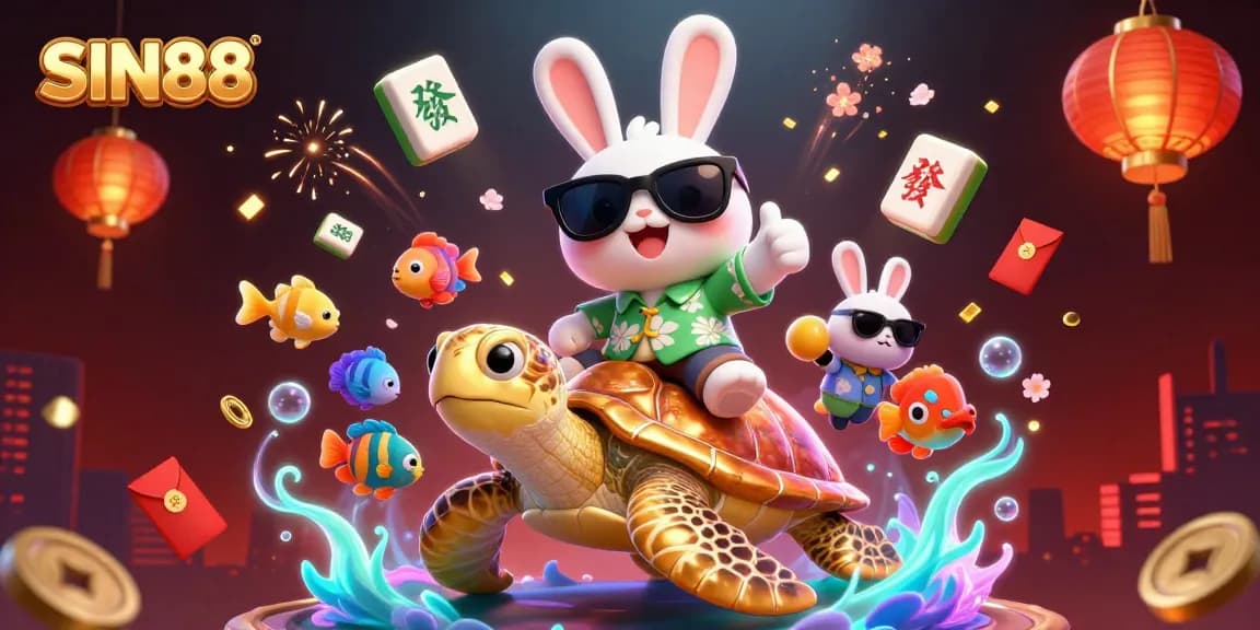 SIN88 showcases a vibrant casino scene with a lucky rabbit and golden turtle celebrating wins.