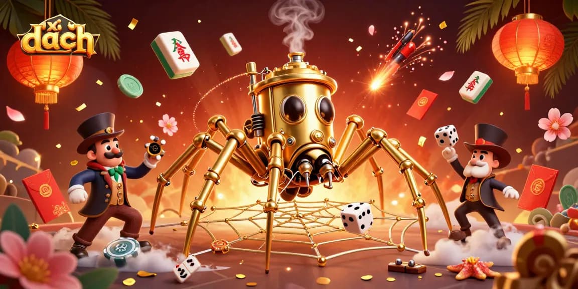 Play exciting xì dách while navigating through vibrant steampunk elements and floating game symbols.