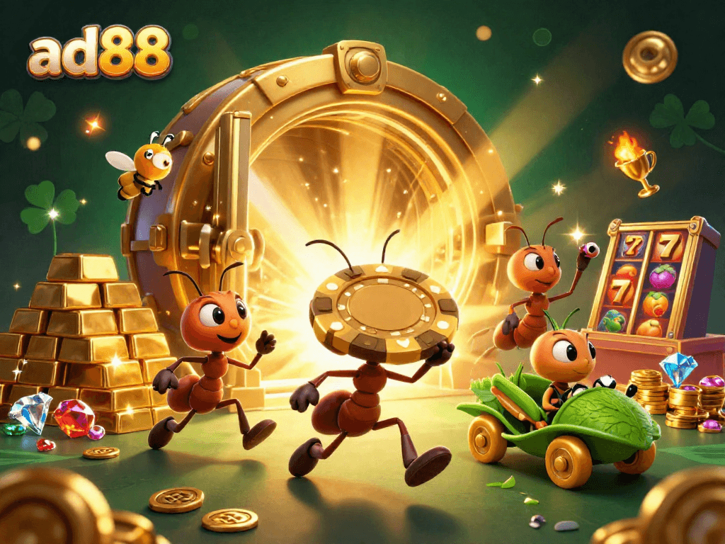 Experience thrilling action with ad88 as a team of cartoon ants pulls off a heist in a vibrant casino scene.