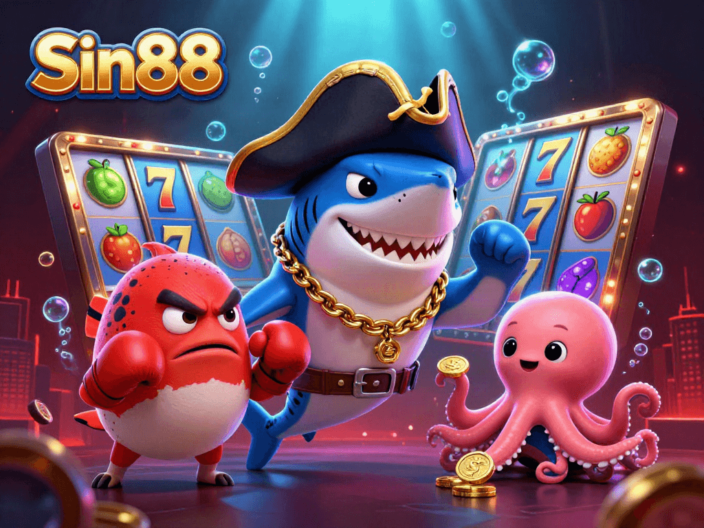 Experience the thrill of Sin88 slots with a playful pirate shark, pufferfish sidekick, and an octopus holding coins.