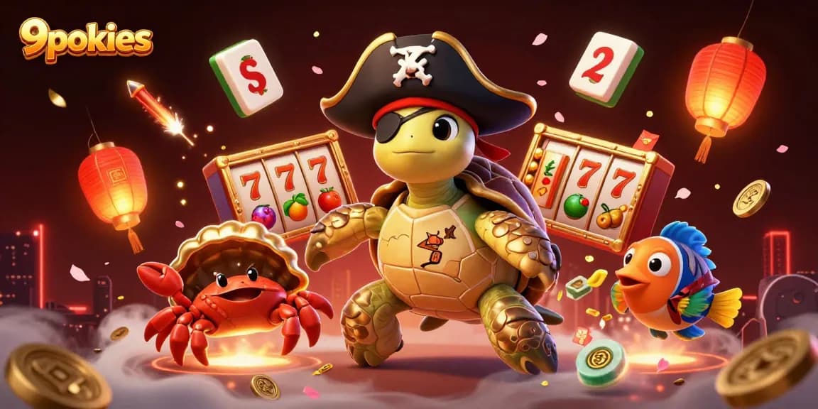 Experience thrilling 9pokies action with a vibrant 3D illustration of a pirate turtle and slot reels.