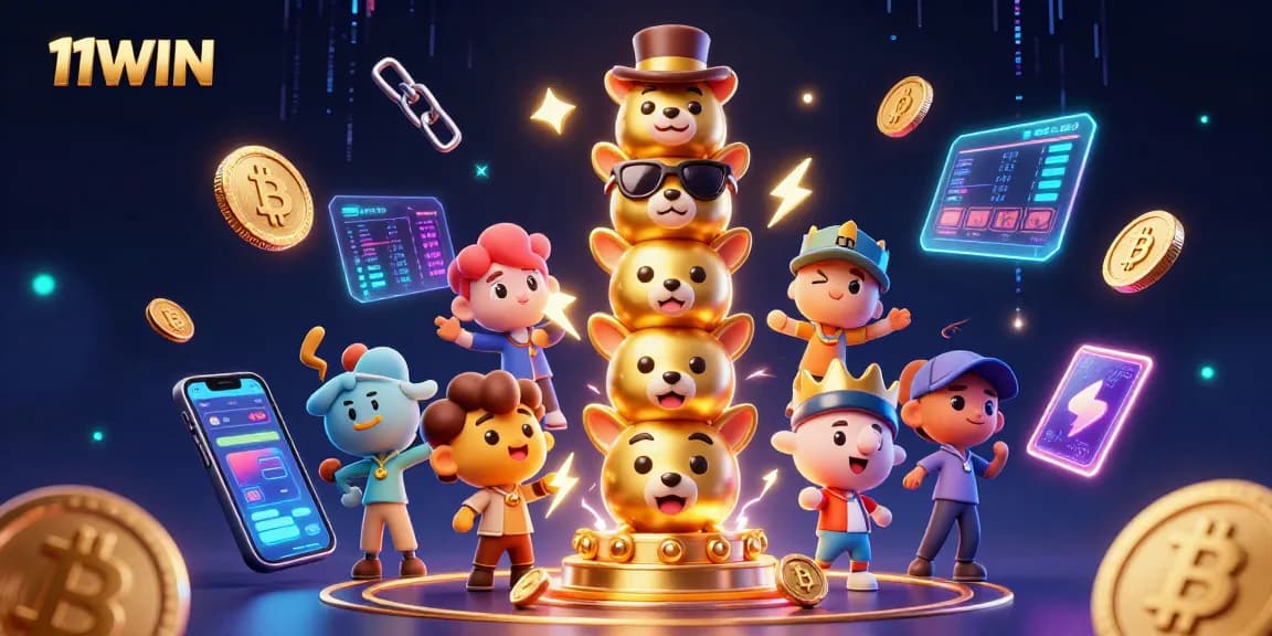 Engage with the vibrant 11WIN casino world, featuring a dynamic totem pole and crypto elements.