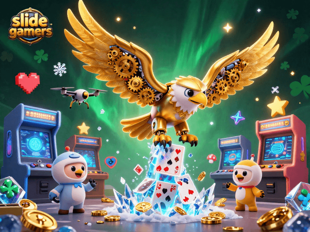 Engage with slidegamers as a golden eagle dives through holographic cards amidst vibrant game themes.