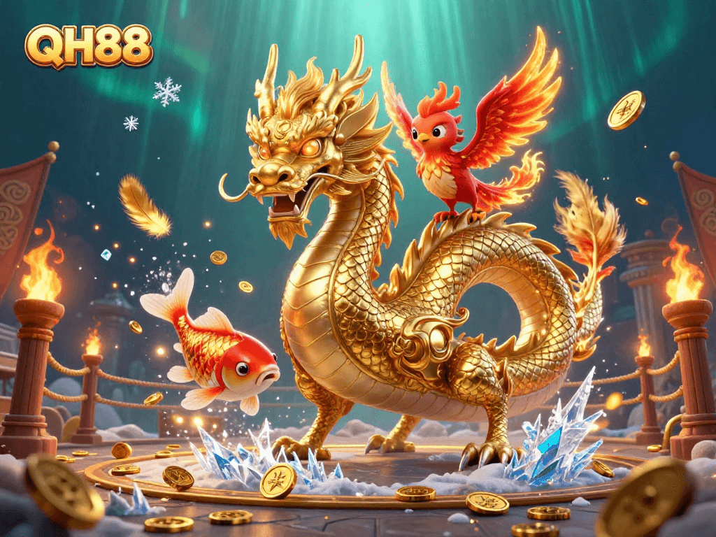 Experience the thrill of winning at QH88 with a vibrant dragon, phoenix, and koi fish in sweeping action.