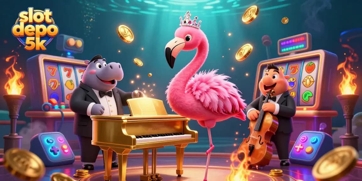 Experience the excitement of slot depo 5k and interact with vibrant gaming characters in this colorful casino scene.
