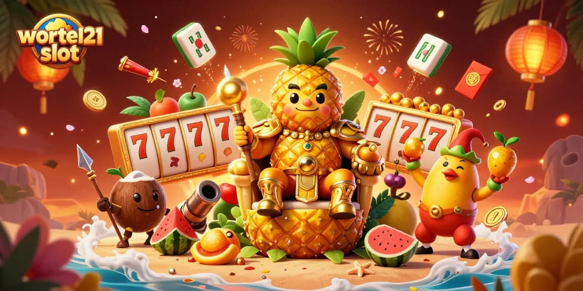 Experience the excitement of wortel21 slot with dynamic illustrations of a golden pineapple king and casino elements.