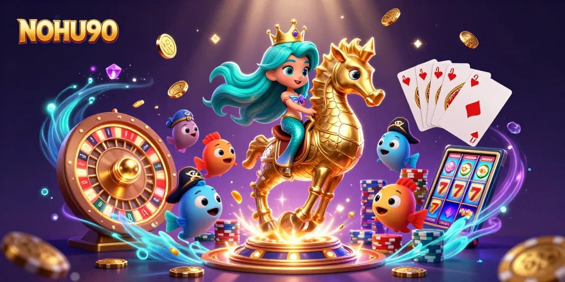 Experience exciting gameplay at NOHU90 with a vibrant 3D scene filled with mermaid princess adventures and casino elements.