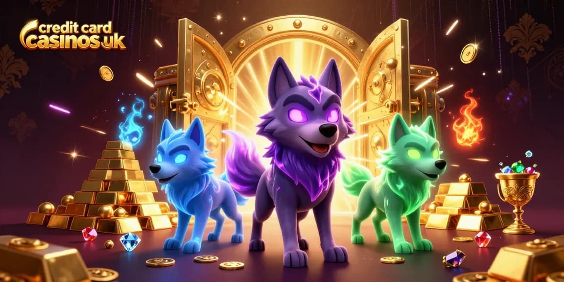 Engage with top credit card casinos UK featuring glowing wolves, gold, and vibrant casino elements.