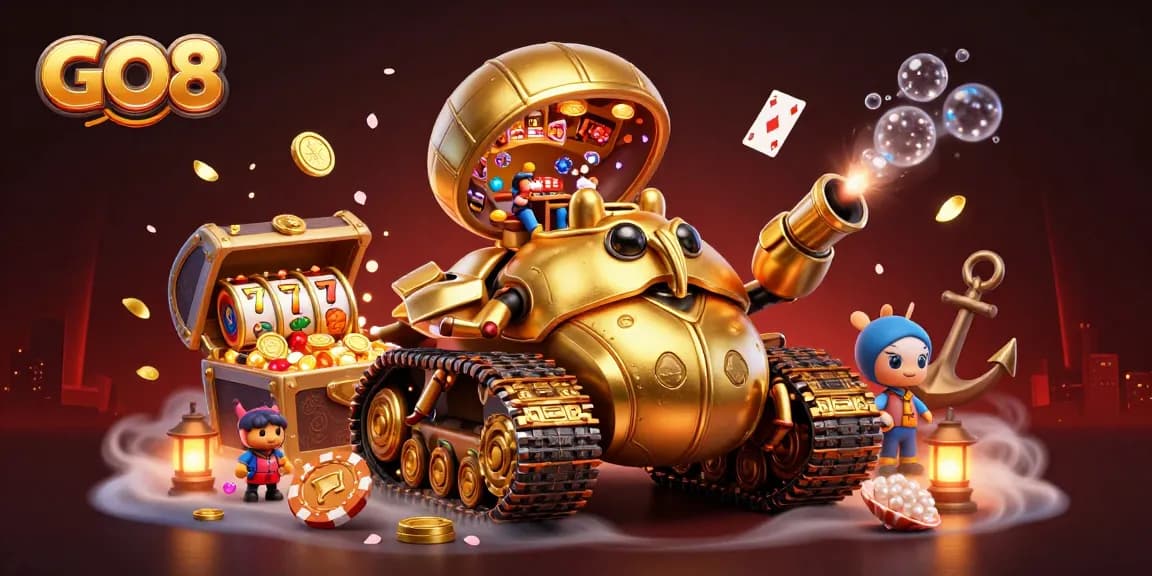 Engage in GO8's vibrant 3D casino scene filled with gold coins, slot reels, and playful elements.