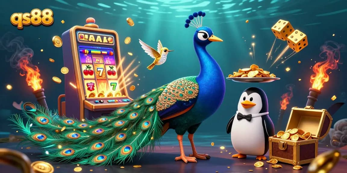 Take a chance on qs88, featuring vibrant casino game characters amidst a jackpot explosion.