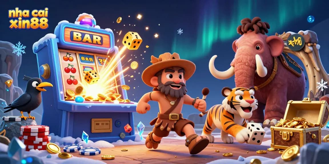 Experience thrilling wins at nha cai xin88 with our engaging prehistoric casino scene featuring a caveman, sabertooth tiger, and more.