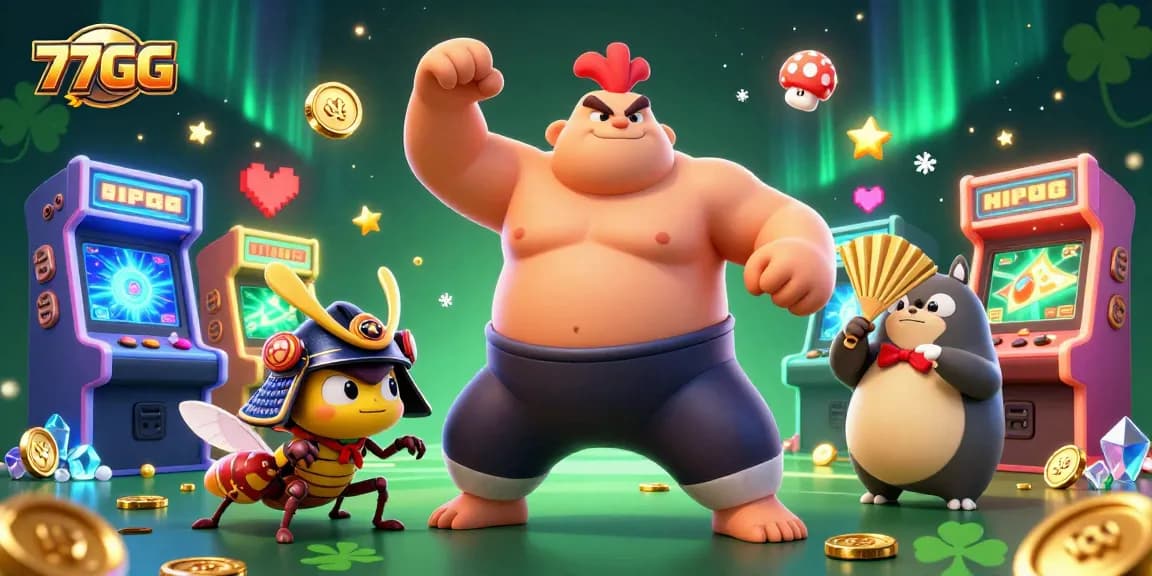 77GG showcases a powerful rooster sumo wrestler and cricket in a dynamic casino scene, enhancing your gaming experience.
