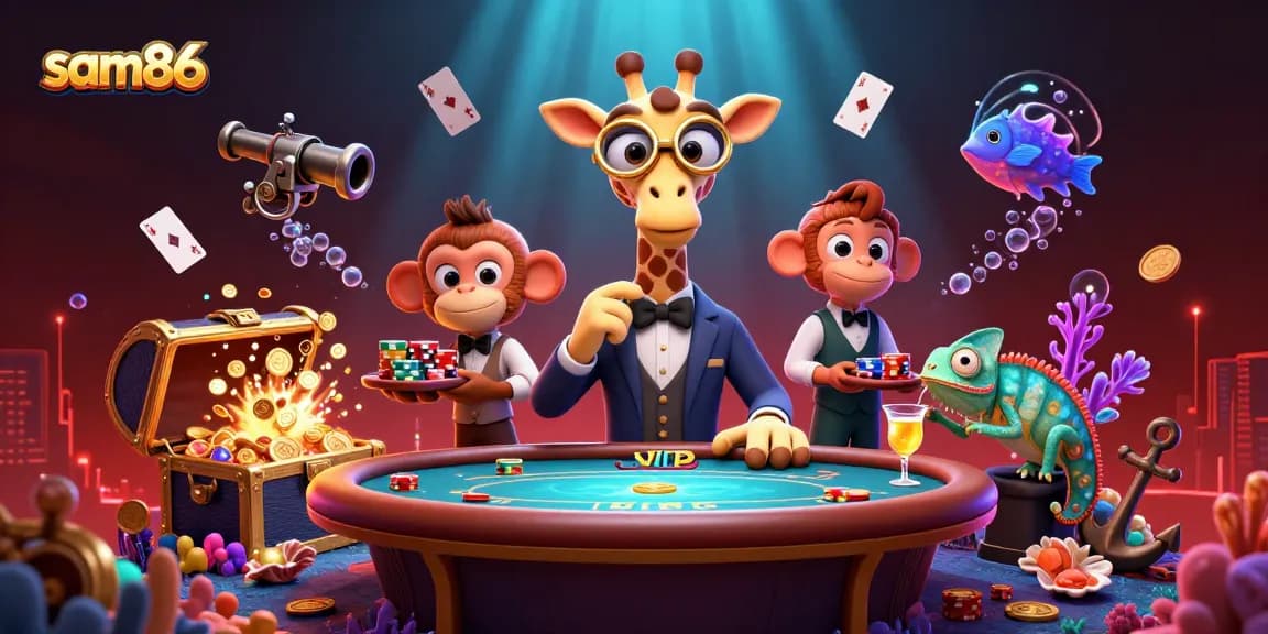 Experience thrilling wins at Sam86 with our vibrant 3D casino adventure illustration.