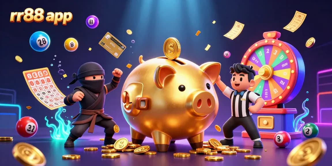 Engage with thrilling action in the rr88 app featuring a sumo wrestler, ninja, and referee in a vibrant casino scene.