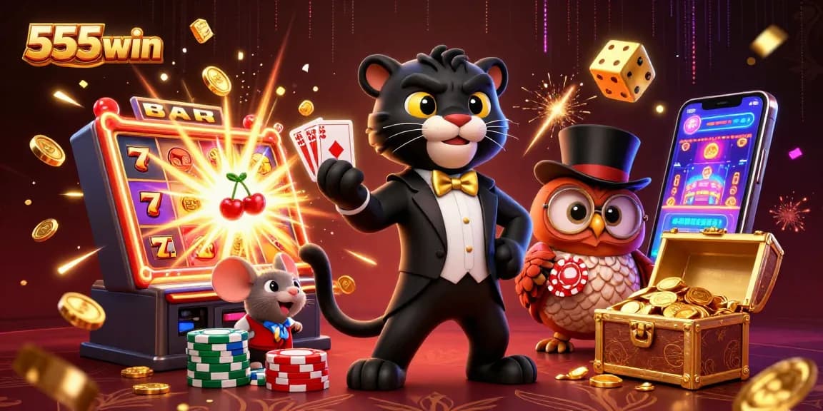 Engage with games at 555win featuring a stylish black panther dealer and vibrant casino elements.
