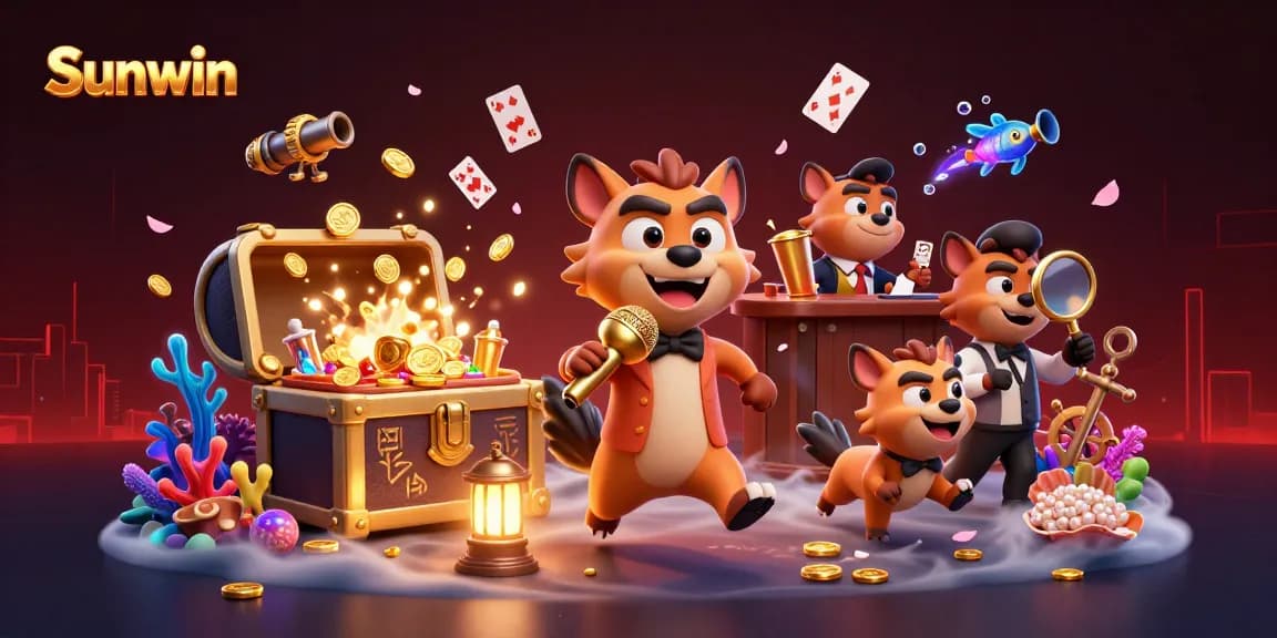 Engage with Sunwin's lively comedy casino scene featuring hyenas in action with vibrant gaming elements.