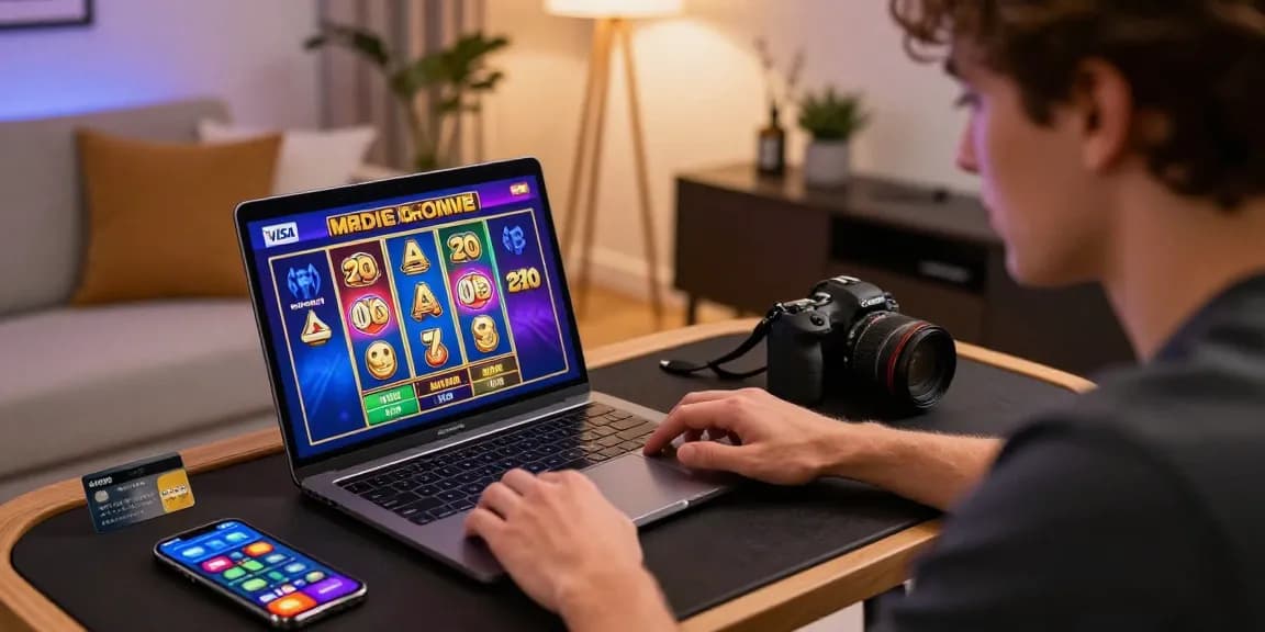 Engaged player enjoying gameplay at credit card casinos with Visa and Mastercard on the table in a modern home setting.