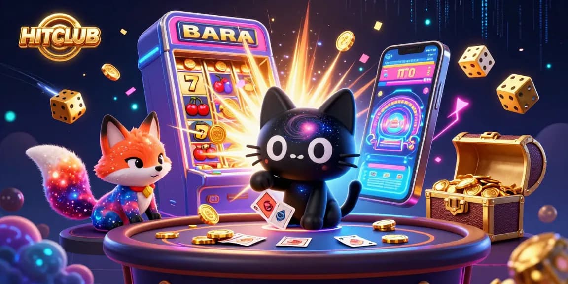 Experience HITCLUB in an engaging cosmic casino scene with dynamic slot games and colorful characters.
