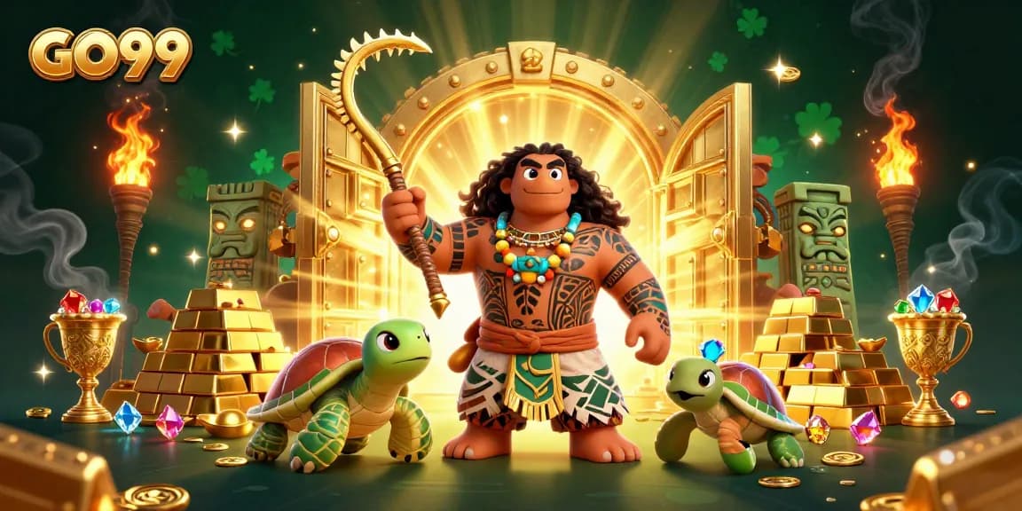 Experience thrilling gameplay with GO99, featuring a vibrant 3D scene of a demigod and treasures.