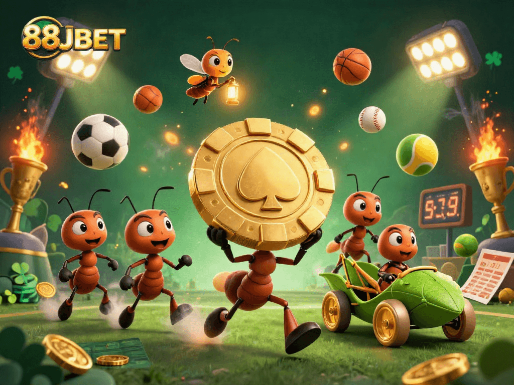 Experience thrilling gameplay with 88JBET as playful ants carry a massive poker chip through an exciting heist scene.