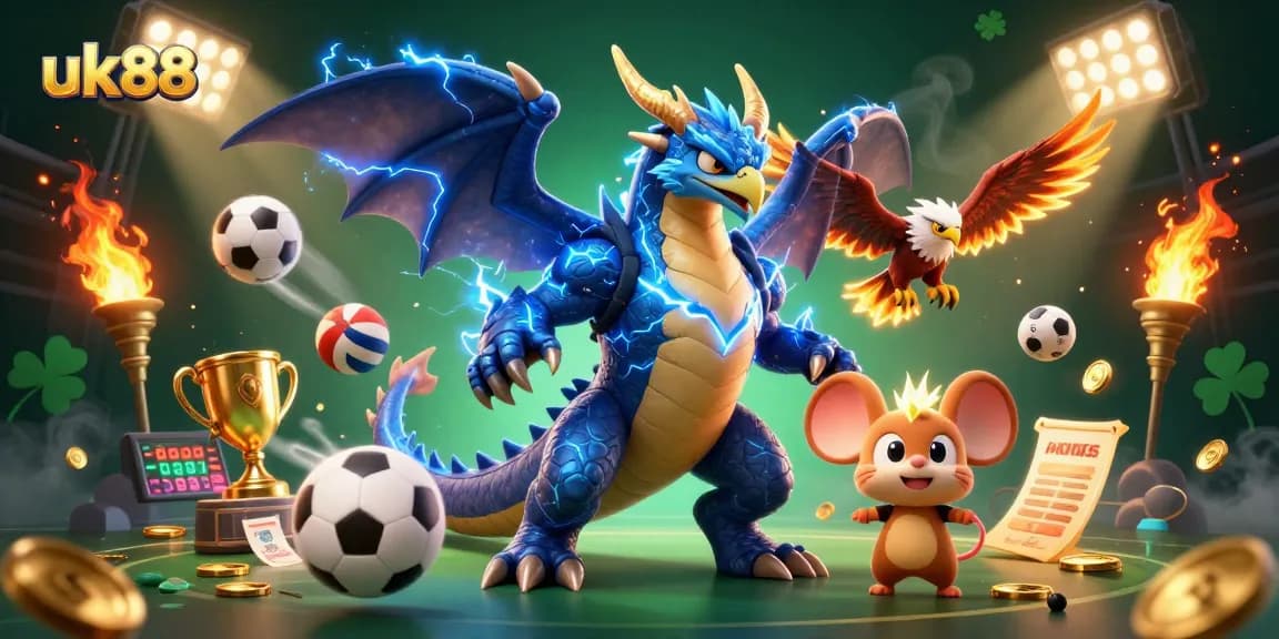 Engage with uk88's energetic gaming scene featuring a thunder dragon and sports elements.