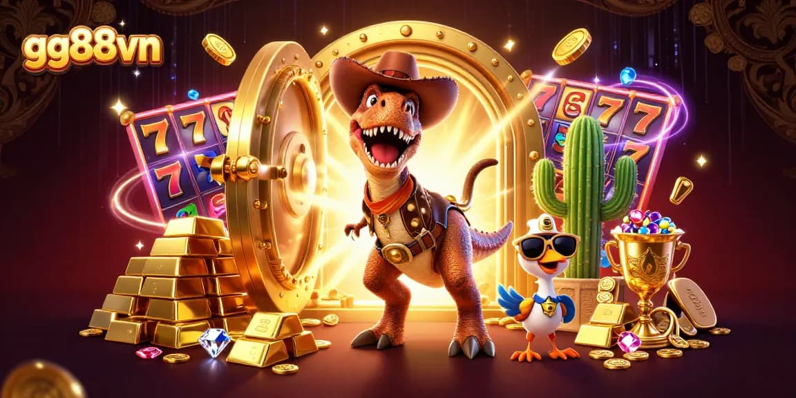 Engage with the dynamic illustrations featuring gg88vn's thrilling characters amidst a casino backdrop filled with treasures.