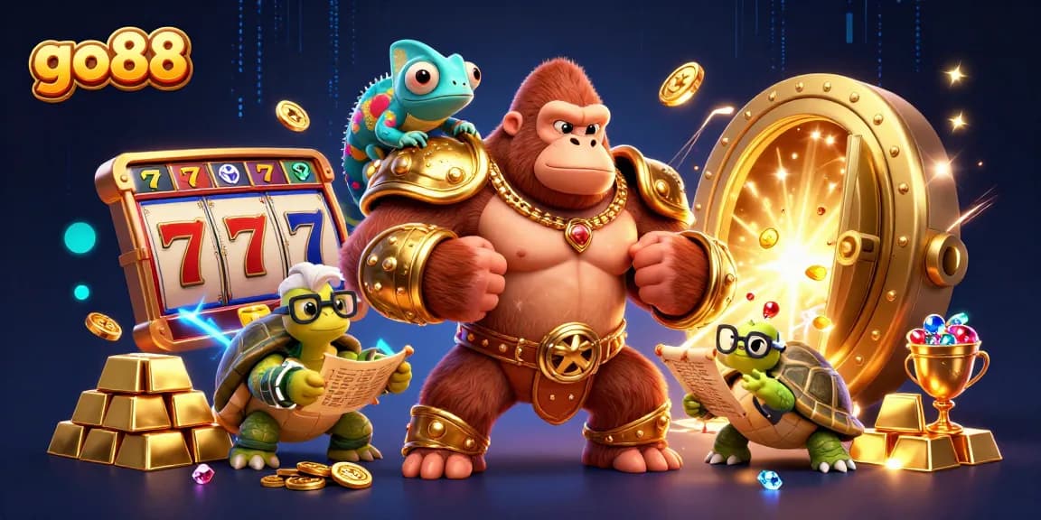 Spin the action with go88's vibrant slot machine scene featuring characters and treasures.