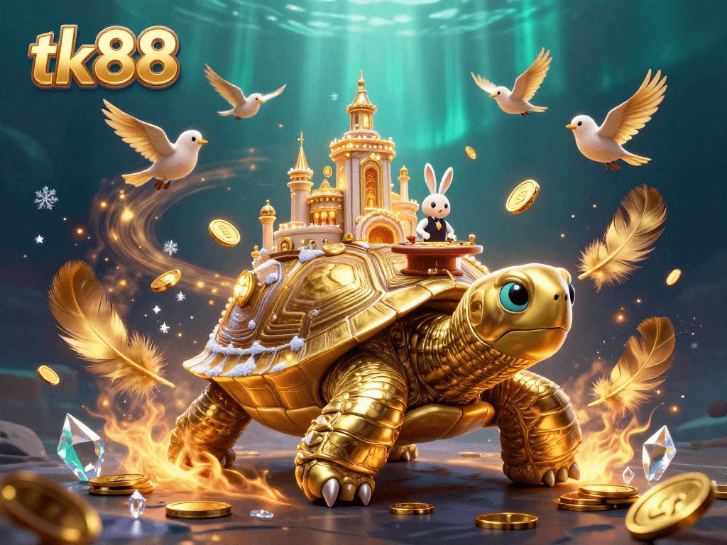 Experience the excitement of tk88 with a dynamic casino scene featuring a golden tortoise and a rabbit dealer.