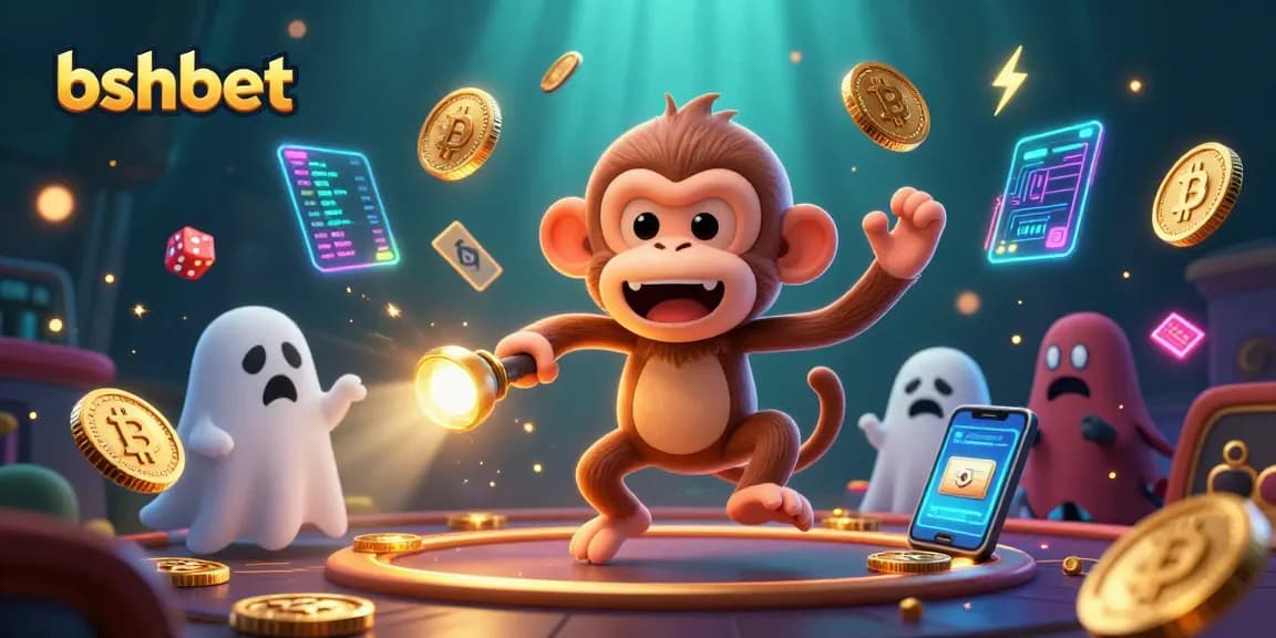 Experience the excitement at bshbet with a mischievous poltergeist monkey and a curious puppy in a vibrant casino scene