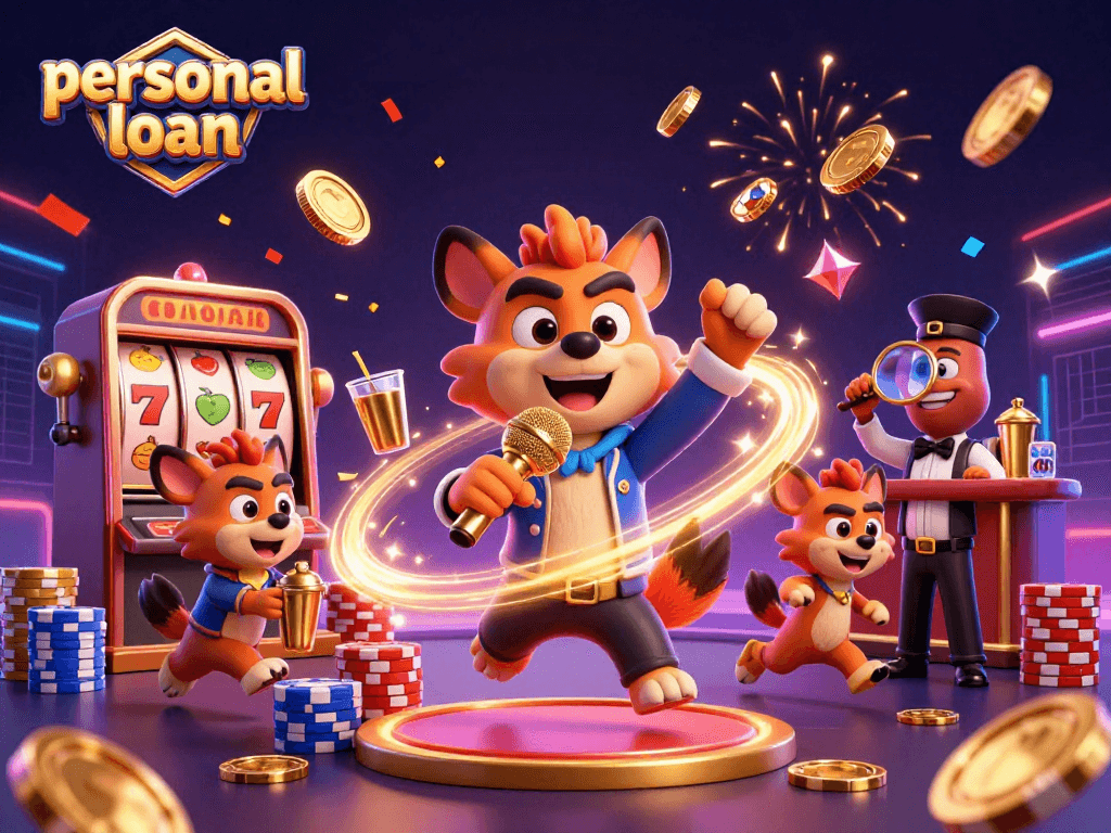 Engaging personal loan illustration with hyenas in a comedy casino, featuring lively slot reels and sparkling tokens.
