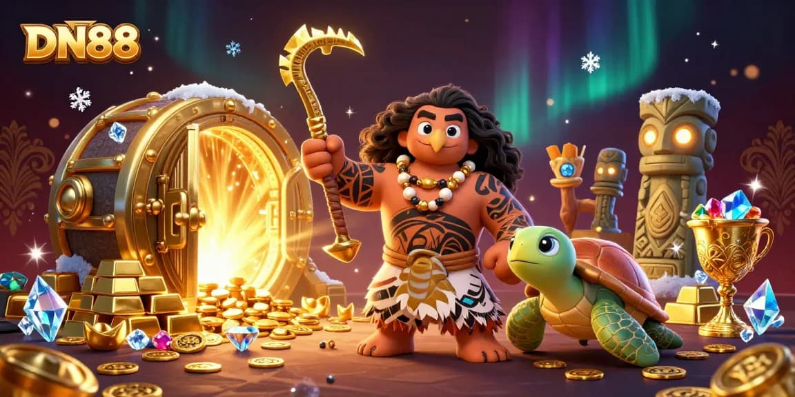 Experience the thrill at DN88 with a vibrant illustration of a Polynesian demigod exploring golden treasures and gaming.