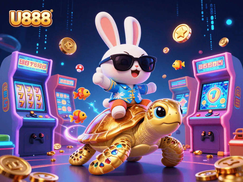 U888's lucky rabbit and sea turtle celebrate with vibrant casino elements, providing thrilling gaming action.