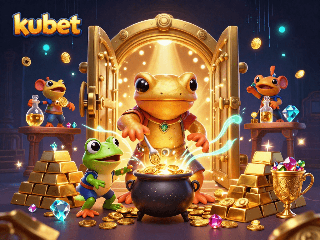 Experience thrilling gameplay with kubet, showcasing a golden alchemist in a vibrant casino treasure scene.