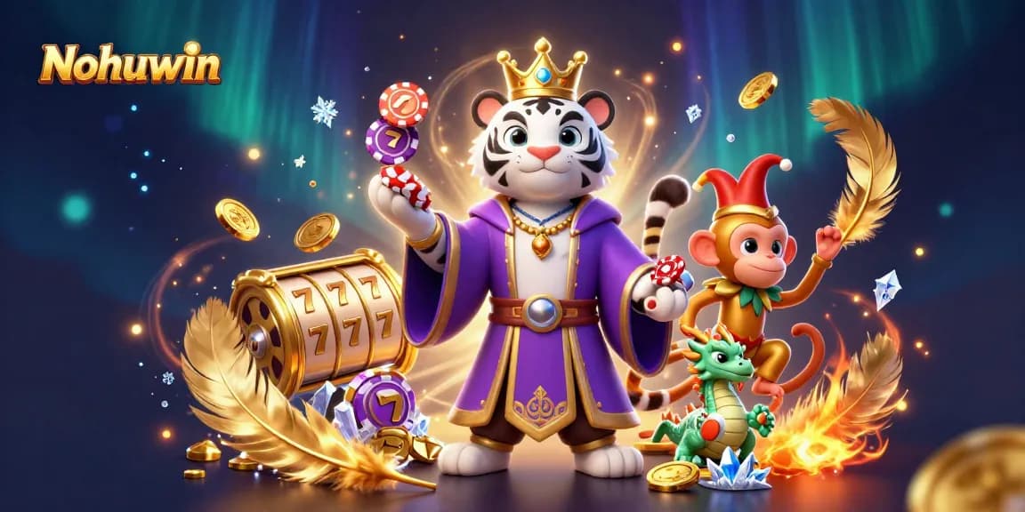 Nohuwin offers exciting casino elements with a captivating illustration featuring a majestic white tiger and a juggling monkey.