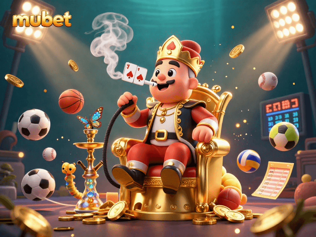 Mubet sports betting scene showcasing a caterpillar hookah-master with dynamic game elements
